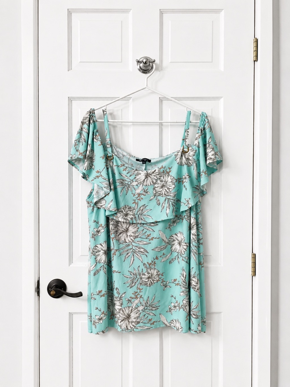 Floral Ruffle Off-Shoulder Camisole in Aqua